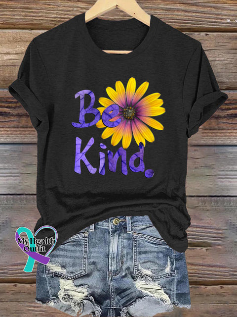 Be Kind Chrysanthemum Print Casual Round Neck Short Sleeve T-Shirt Black / S