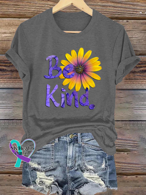 Be Kind Chrysanthemum Print Casual Round Neck Short Sleeve T-Shirt Grey / S