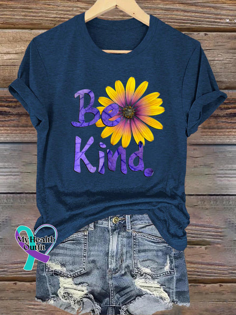 Be Kind Chrysanthemum Print Casual Round Neck Short Sleeve T-Shirt NavyBlue / S