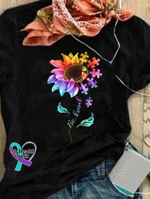 Be Kind Colorful Sunflower Autism Puzzle Piece T-Shirt Gift