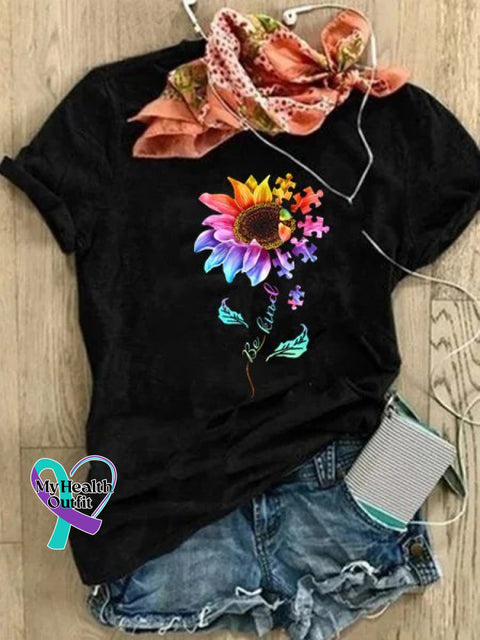 Be Kind Colorful Sunflower Autism Puzzle Piece T-Shirt Gift Black / S(6-8)