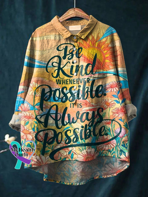 Be Kind Floral Art Print Casual Cotton And Linen Shirt Multicolor / S