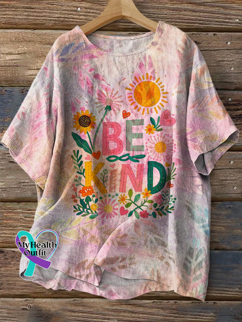 Be Kind Floral Print Casual Crew Neck Cotton Linen Shirt Multicolor / S