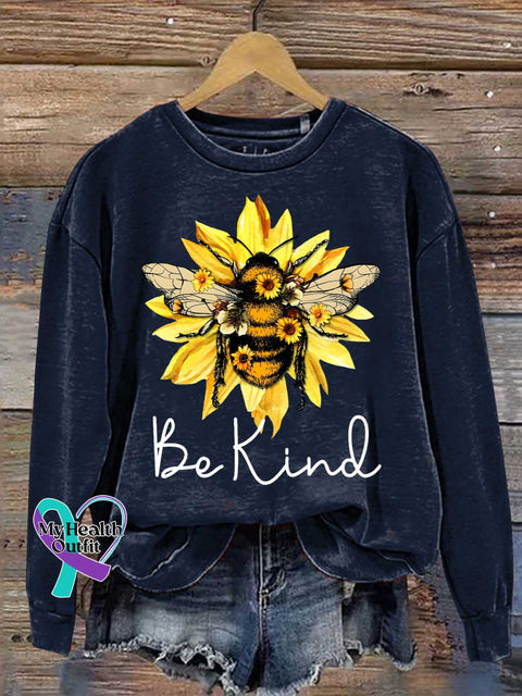 Be Kind Flower Bee Print Casual Sweatshirt Blue / S