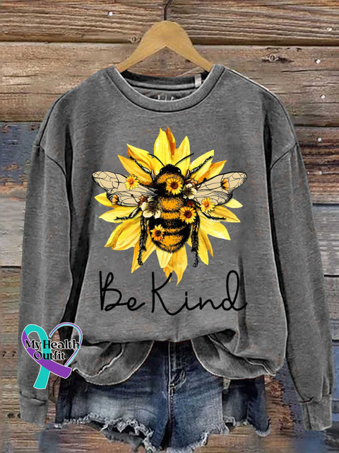 Be Kind Flower Bee Print Casual Sweatshirt Grey / S
