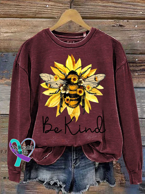 Be Kind Flower Bee Print Casual Sweatshirt Red / S