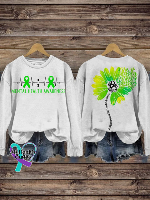 Be Kind Mental Health Awareness Pattern Print Casual Sweatshirt White / S