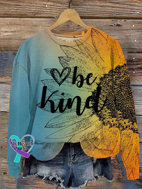 Be Kind Mental Health Awareness Sunflower Art Pattern Print Casual Sweatshirt Blue-Yellow / S