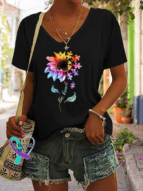 ’Be Kind’ Postive Encouragement Texts And Sunflower Graphic Printed Women’s Casual T-Shirt Black / S