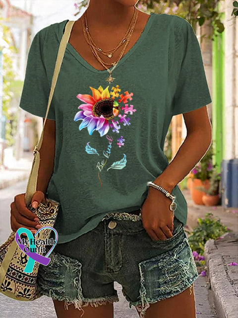 ’Be Kind’ Postive Encouragement Texts And Sunflower Graphic Printed Women’s Casual T-Shirt Green / S