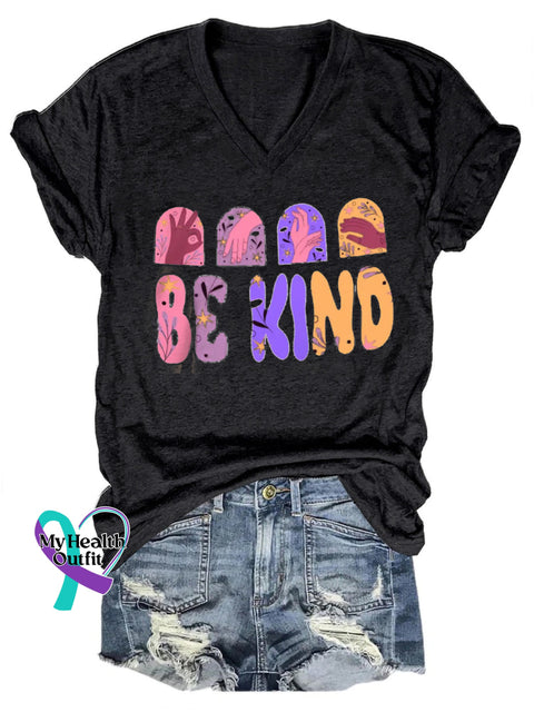 Be Kind Printed Casual V-Neck Short Sleeve T-Shirt Black / S