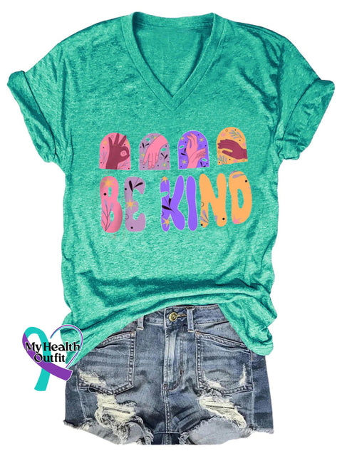 Be Kind Printed Casual V-Neck Short Sleeve T-Shirt Green / S