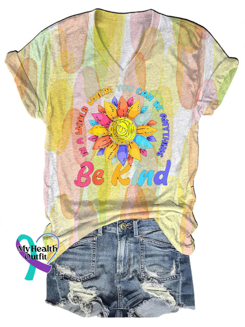 Be Kind Printed Casual V-Neck Short Sleeve T-Shirt Multicolor / S