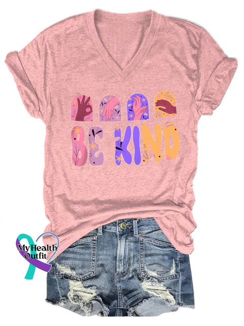 Be Kind Printed Casual V-Neck Short Sleeve T-Shirt Pink / S
