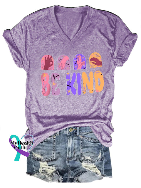 Be Kind Printed Casual V-Neck Short Sleeve T-Shirt Purple / S