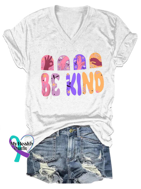 Be Kind Printed Casual V-Neck Short Sleeve T-Shirt White / S