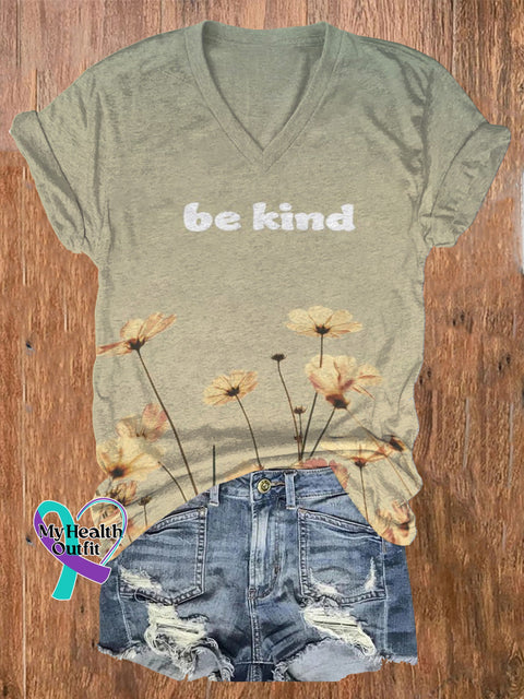Be Kind Printed Casual V-Neck Short-Sleeved T-Shirt Multicolor / S