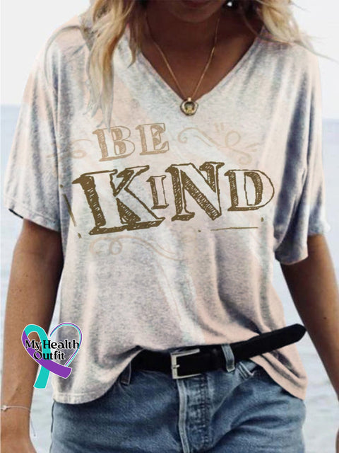 Be Kind Printed Loose Casual V-Neck Short Sleeve Multicolor / S