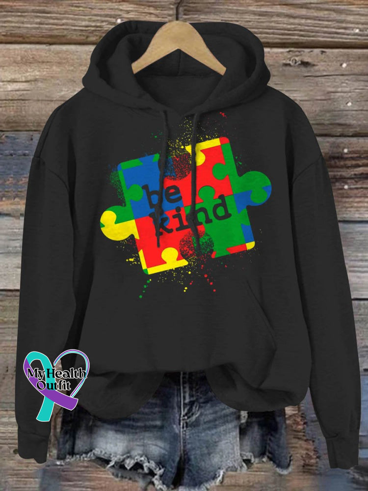 Be Kind Puzzle Piece Splatter Autism Awareness Print Casual Hoodie Black / S