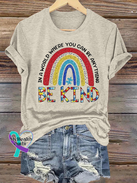 Be Kind Rainbow Print Casual Round Neck Short Sleeve T-Shirt Beige / S
