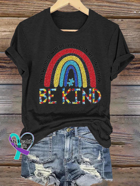 Be Kind Rainbow Print Casual Round Neck Short Sleeve T-Shirt Black / S