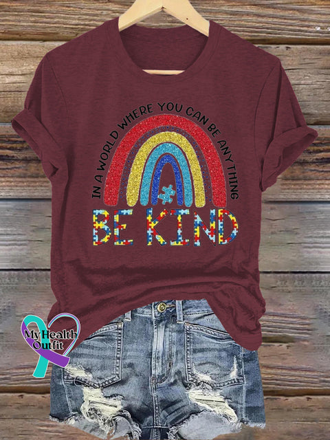 Be Kind Rainbow Print Casual Round Neck Short Sleeve T-Shirt Brown / S