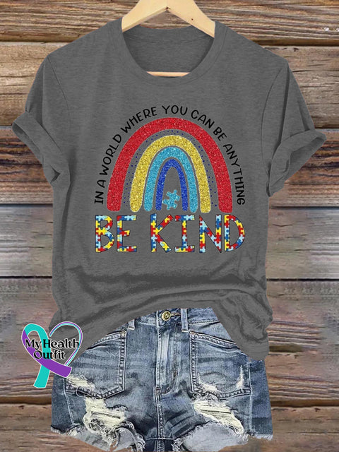 Be Kind Rainbow Print Casual Round Neck Short Sleeve T-Shirt Grey / S