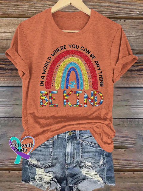 Be Kind Rainbow Print Casual Round Neck Short Sleeve T-Shirt Orange / S