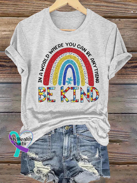 Be Kind Rainbow Print Casual Round Neck Short Sleeve T-Shirt White / S