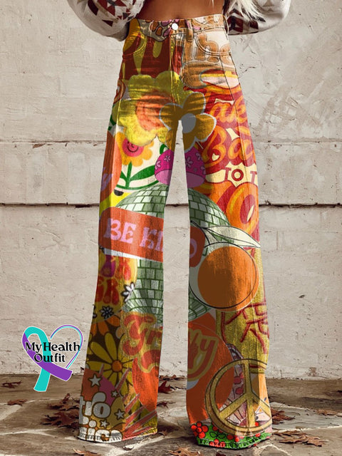 Be Kind Retro Hippie Print Casual Wide Leg Pants Multicolor / Xs