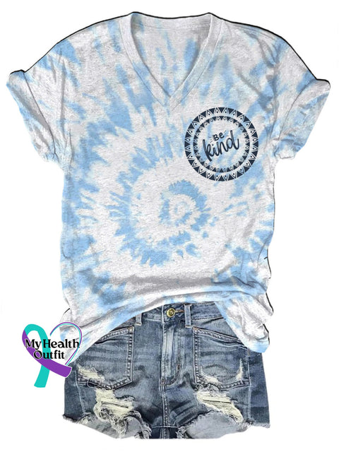 Be Kind Tie-Dye Print Casual V-Neck Short Sleeve T-Shirt Multicolor / S