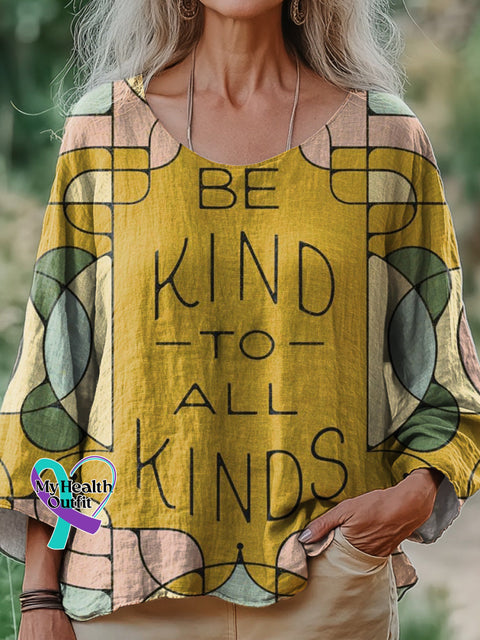 Be Kind To All Kinds Printed Casual Cotton and Linen Top Multicolor / S