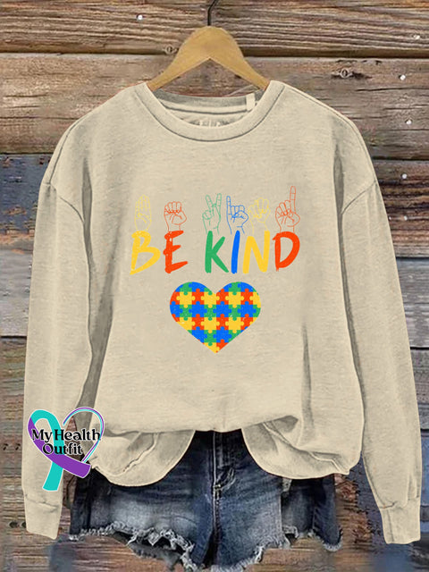 Be Kind To Autism Printed Casual Sweatshirt Beige / S