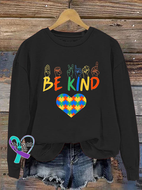 Be Kind To Autism Printed Casual Sweatshirt Black / S