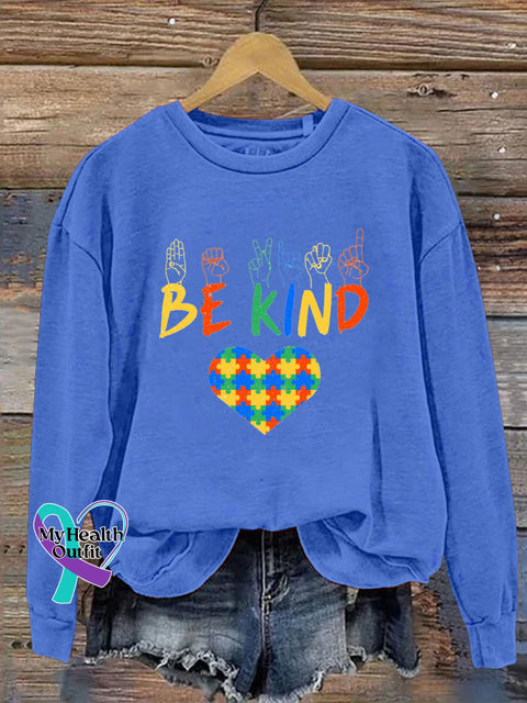 Be Kind To Autism Printed Casual Sweatshirt Blue / S