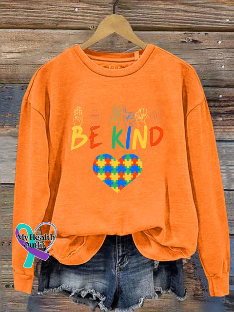 Be Kind To Autism Printed Casual Sweatshirt Orange / S