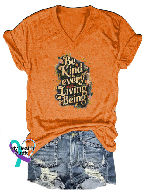 Be Kind Be To Every Being Living Floral Print Casual V-Neck Short Sleeve T-Shirt Orange / S