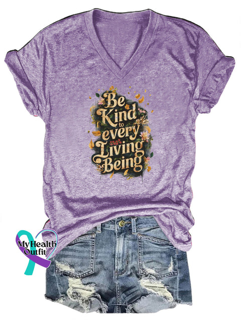Be Kind Be To Every Being Living Floral Print Casual V-Neck Short Sleeve T-Shirt Purple / S