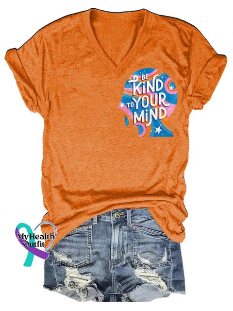 Be Kind To Your Mind Casual V-Neck Short Sleeve T-Shirt Orange / S