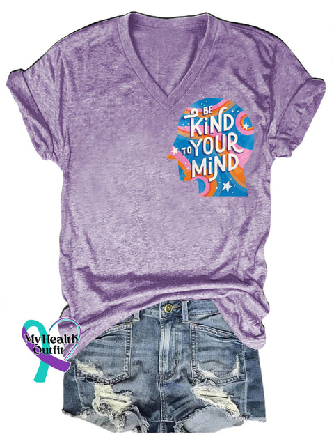 Be Kind To Your Mind Casual V-Neck Short Sleeve T-Shirt Purple / S