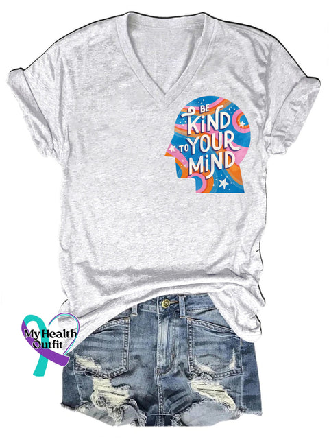 Be Kind To Your Mind Casual V-Neck Short Sleeve T-Shirt White / S