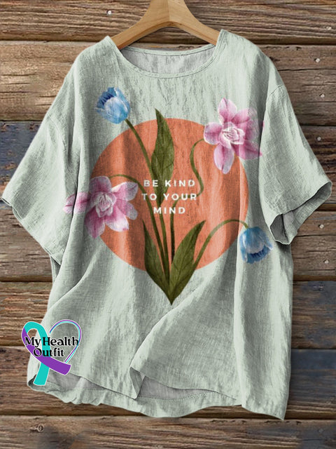 Be Kind To Your Mind Print Casual Cotton Linen Shirt Multicolor / S