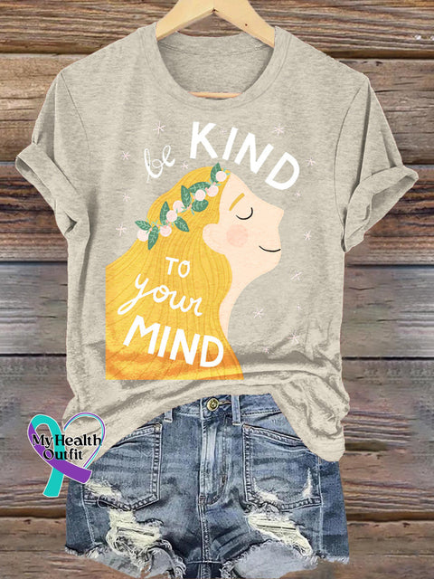Be Kind To Your Mind Printed Casual Crew Neck Short Sleeve T-Shirt Beige / S