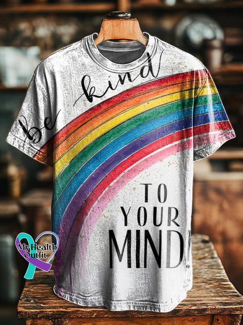 Be Kind To Your Mind Rainbow Print Casual Round Neck Short Sleeve T-Shirt Multicolor / S