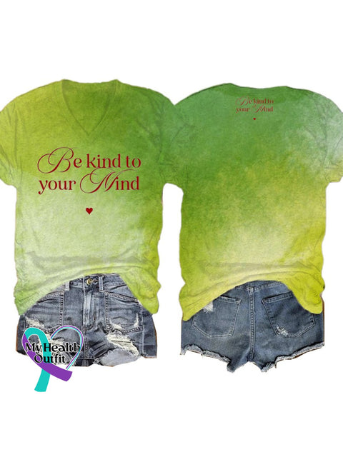 Be Kind To Your Mind V-Neck Casual Short Sleeve Multicolor / S
