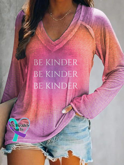 Be Kinder Printed Casual V-Neck Long Sleeve T-Shirt Multicolor / S
