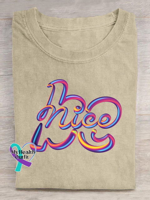 Be Nice Printed Casual Round Neck Short Sleeve T-Shirt Beige / S