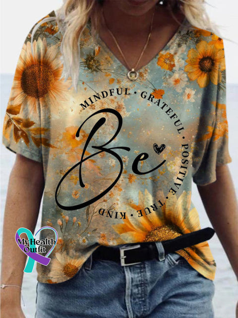 Be Positive Sunflower Print Loose Casual V-Neck Short Sleeve Multicolor / S