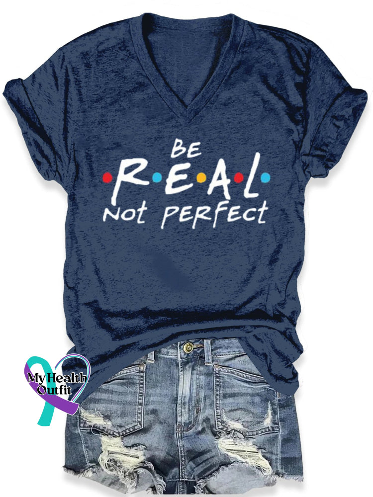 Be Real Not Perfect Art Print Casual T-Shirt Navy Blue / S