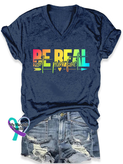 Be Real Not Perfect Art Print Casual T-Shirt Navy Blue / S
